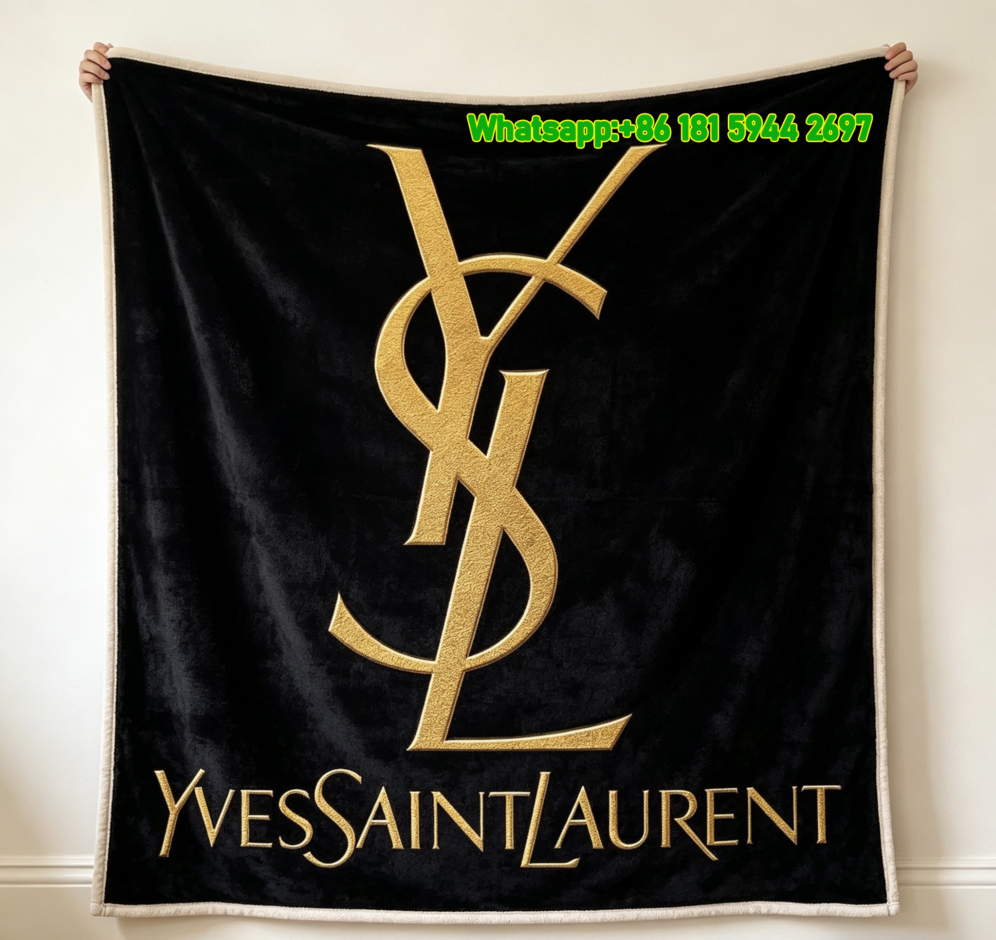 Yves Saint Laurent Black and Gold Logo Printed Fleece Blanket IMG_3199